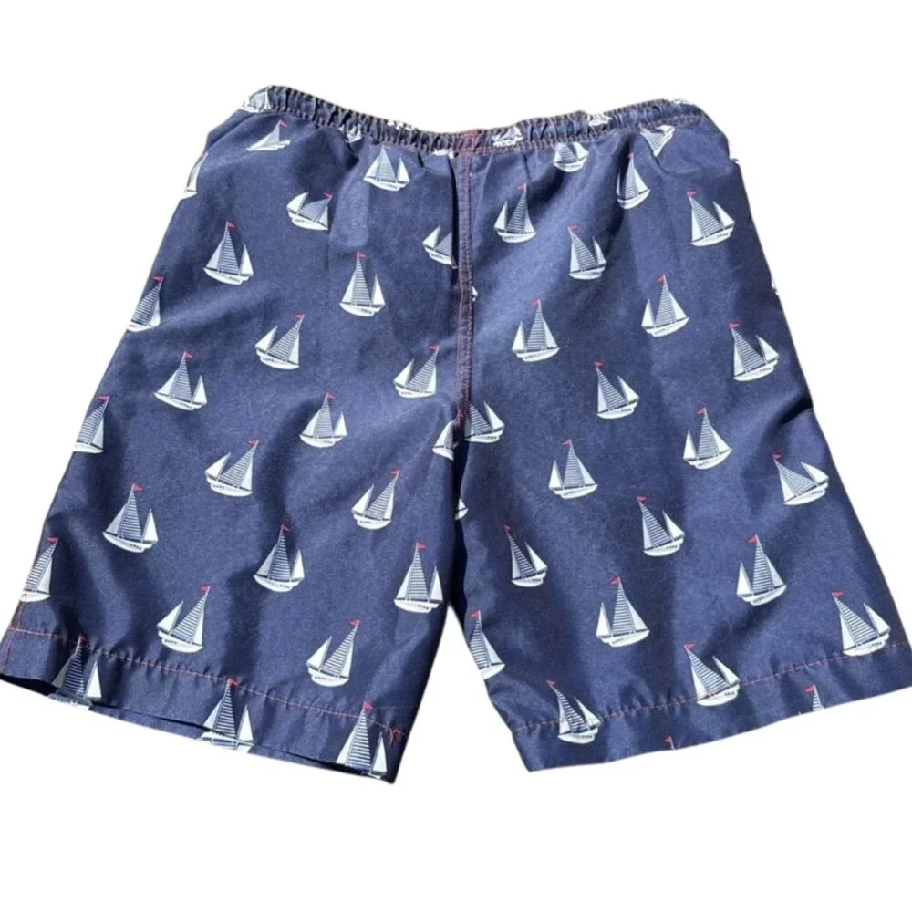 Lily & Dan Boys Swim Trunks 6-7 Sailboat Nautical Mesh Lined Blue Beach Shorts‎